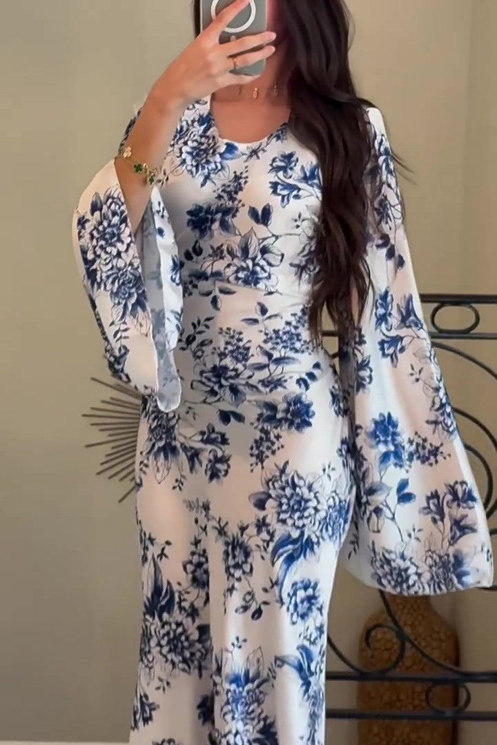 Blue floral print back-tied batwing sleeve maxi dress