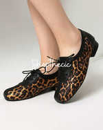 Retro leopard lace-up round toe low-heeled loafers