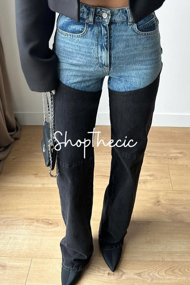 Stylish color-blocked straight-leg distressed jeans