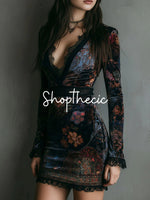 Retro V-neck lace-trimmed velvet print mini dress