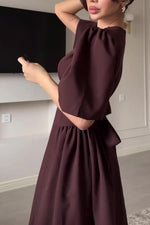 Brown round neck short-sleeved full skirt dress
