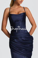 Navy spaghetti strap fitted satin dress