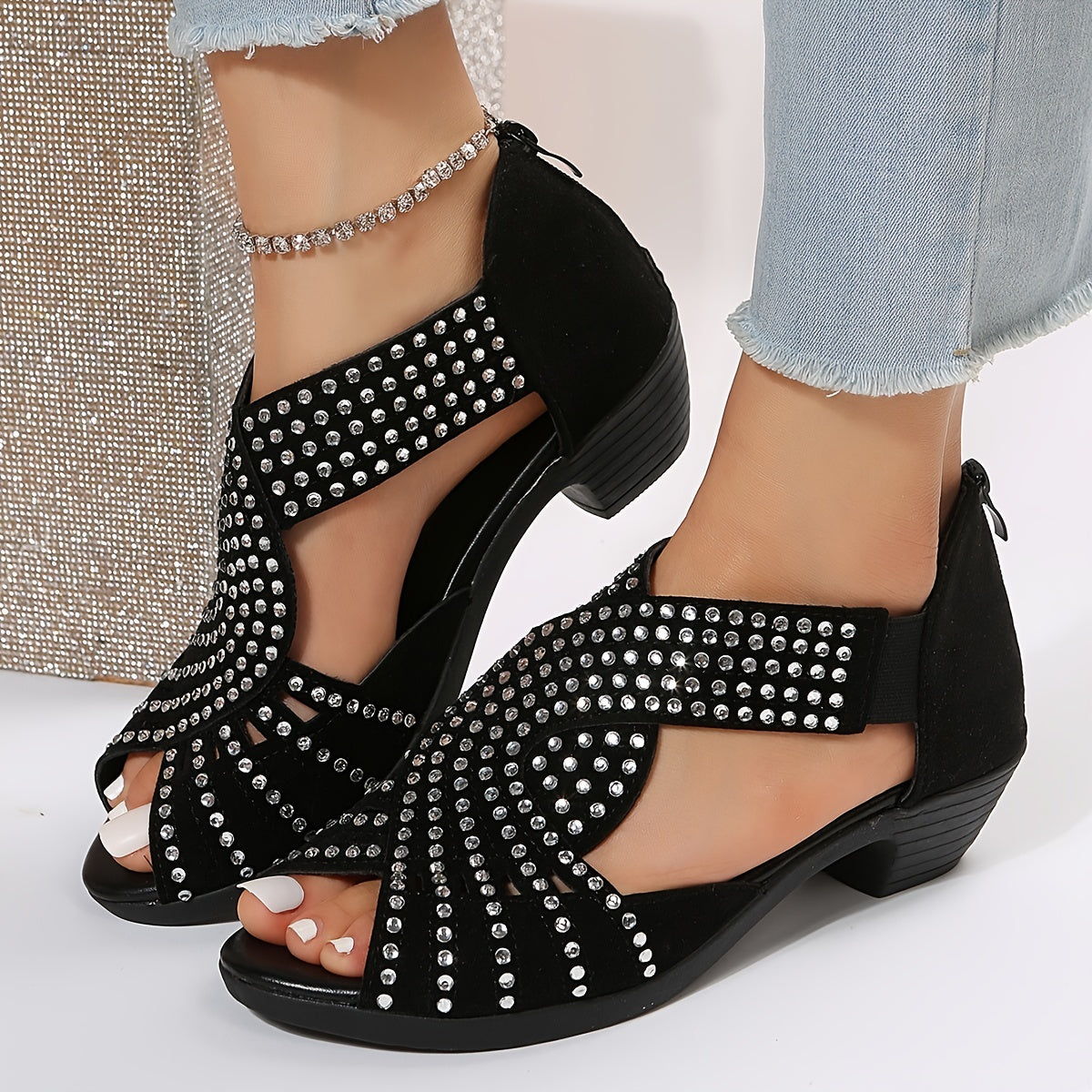 Peep Toe Back Zipper Chunky Talon Sandales Strass
