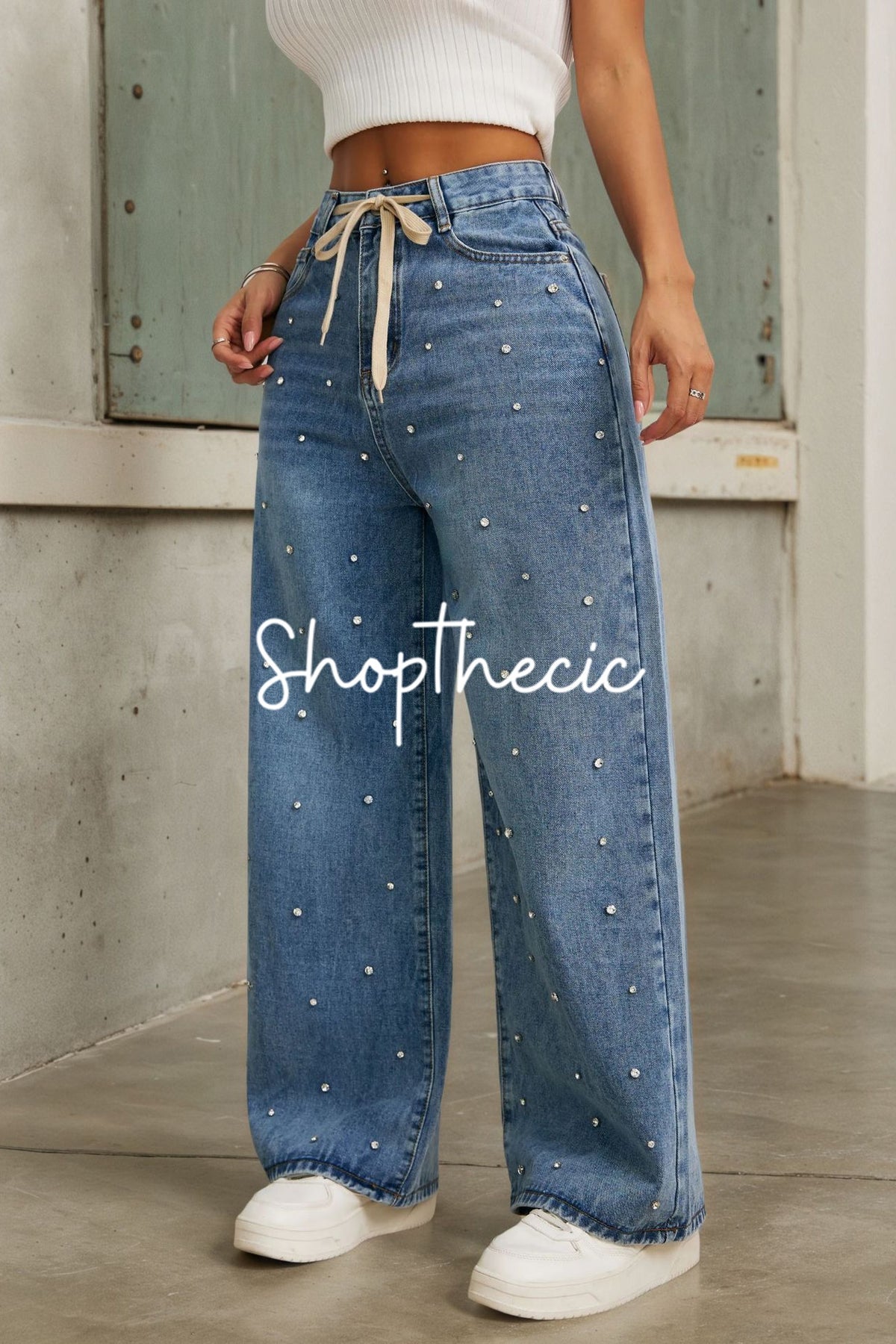 Pearl high-waisted loose-fitting drawstring wide-leg jeans
