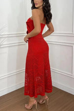 Oversized knitted flower halter neck backless fitted knitted dress