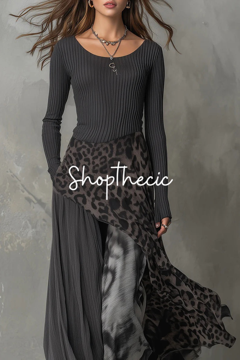 Round neck long sleeves leopard print chiffon hem maxi dress
