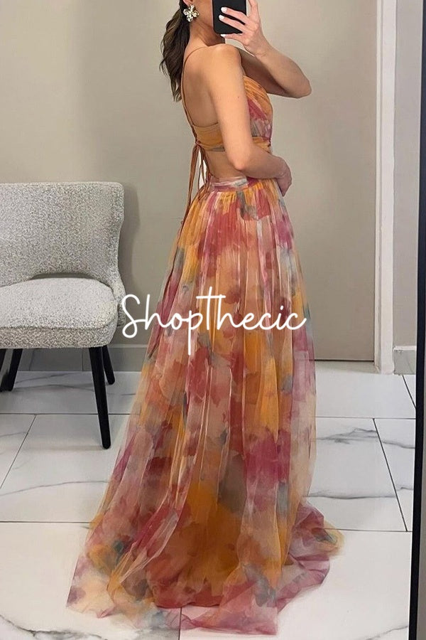 Mesh Printed Spaghetti Strap Vacation Maxi Dress