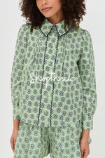 Light green printed long-sleeved shirt romper