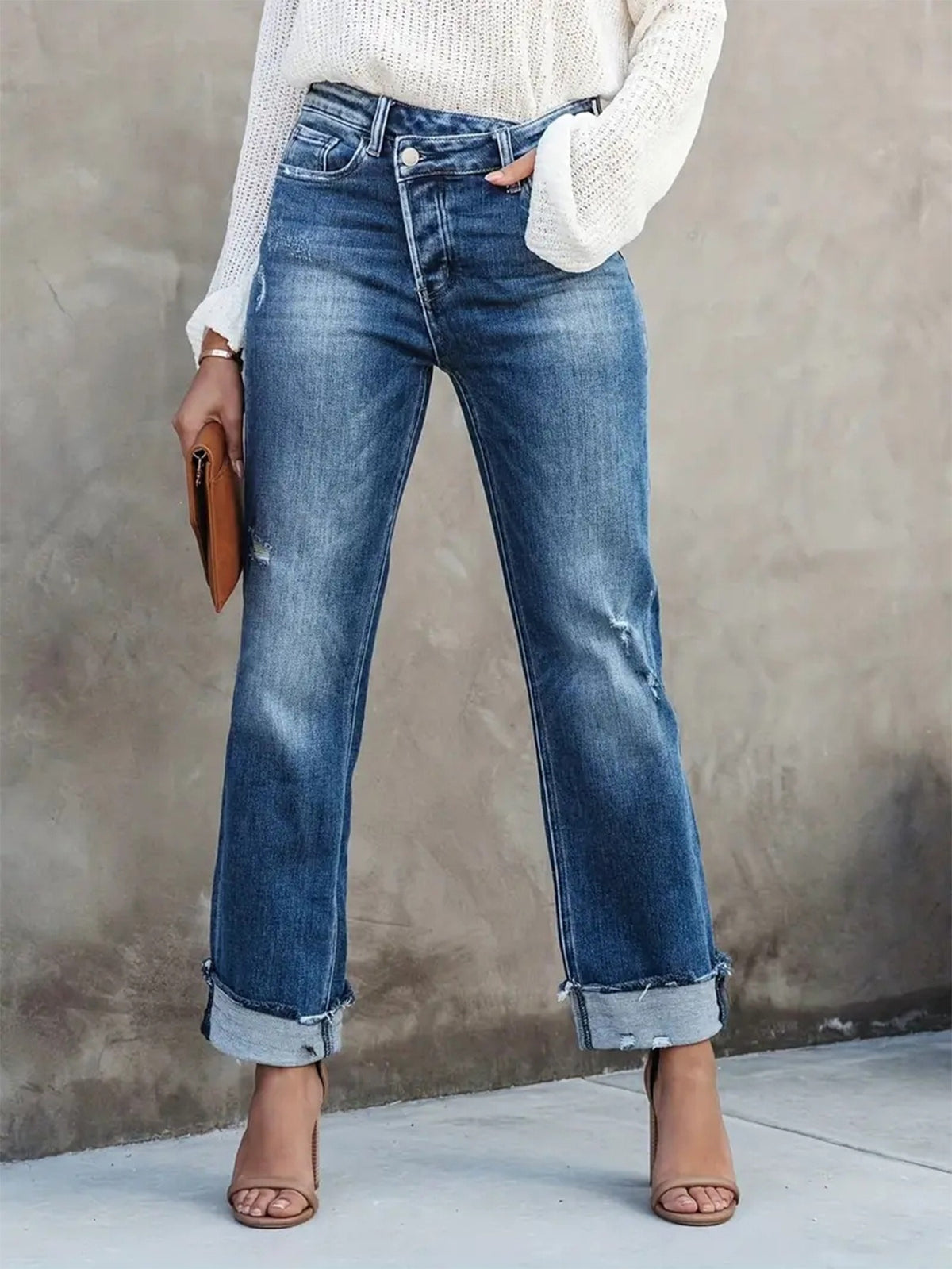 Elegant High Waisted Slim Fit Turn-Cuff Jeans