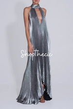 Silver sleeveless backless halter neck dress