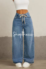 Pearl high-waisted loose-fitting drawstring wide-leg jeans