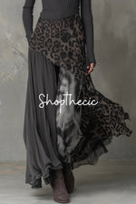 Round neck long sleeves leopard print chiffon hem maxi dress