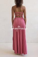 Shimmering Hydrangea strapless pleated maxi dress