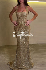 Gold sequined halter neck Maxi dress
