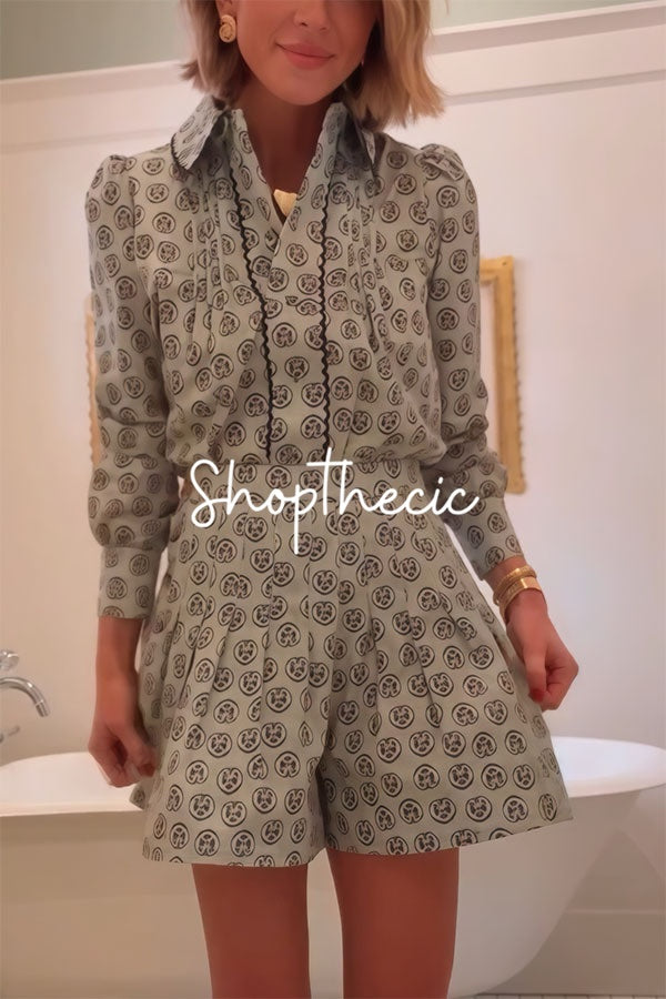 Light green printed long-sleeved shirt romper