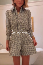Light green printed long-sleeved shirt romper