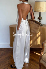 V-neck backless tank top and straight-leg trousers two-piece set