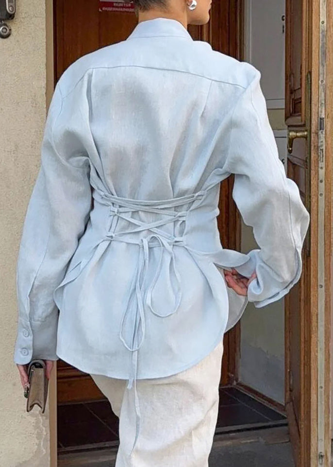 Tie-waist cotton linen blouse with ribbon