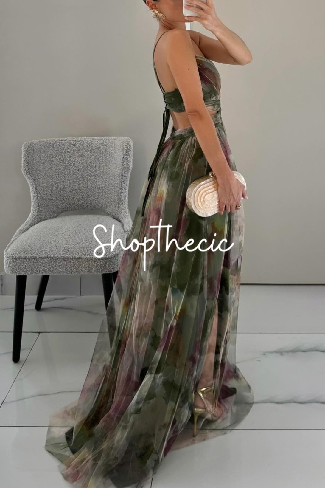 Mesh Printed Spaghetti Strap Vacation Maxi Dress