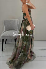 Mesh Printed Spaghetti Strap Vacation Maxi Dress