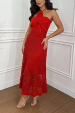 Oversized knitted flower halter neck backless fitted knitted dress