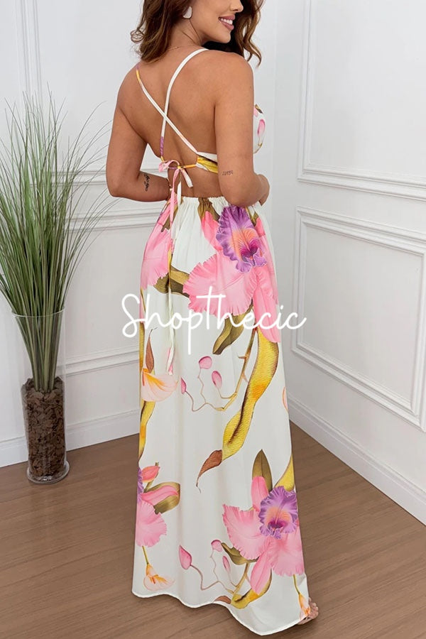 Deep V-neck halter floral backless dress