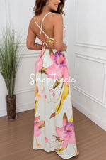 Deep V-neck halter floral backless dress
