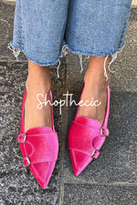 Eleganti ballerine fucsia con punta a punta in velluto e fibbie con cinturino patchwork