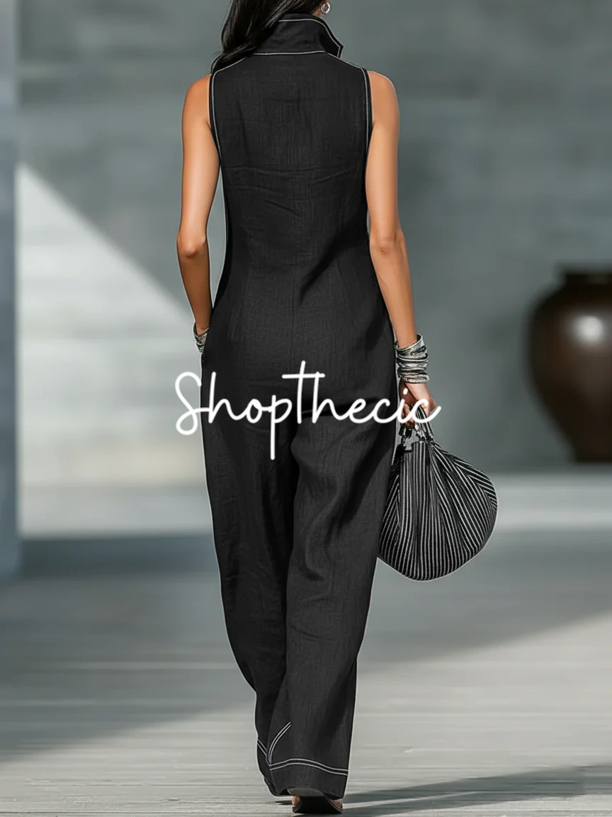 Stand-up collar sleeveless visible stitching cotton linen jumpsuit
