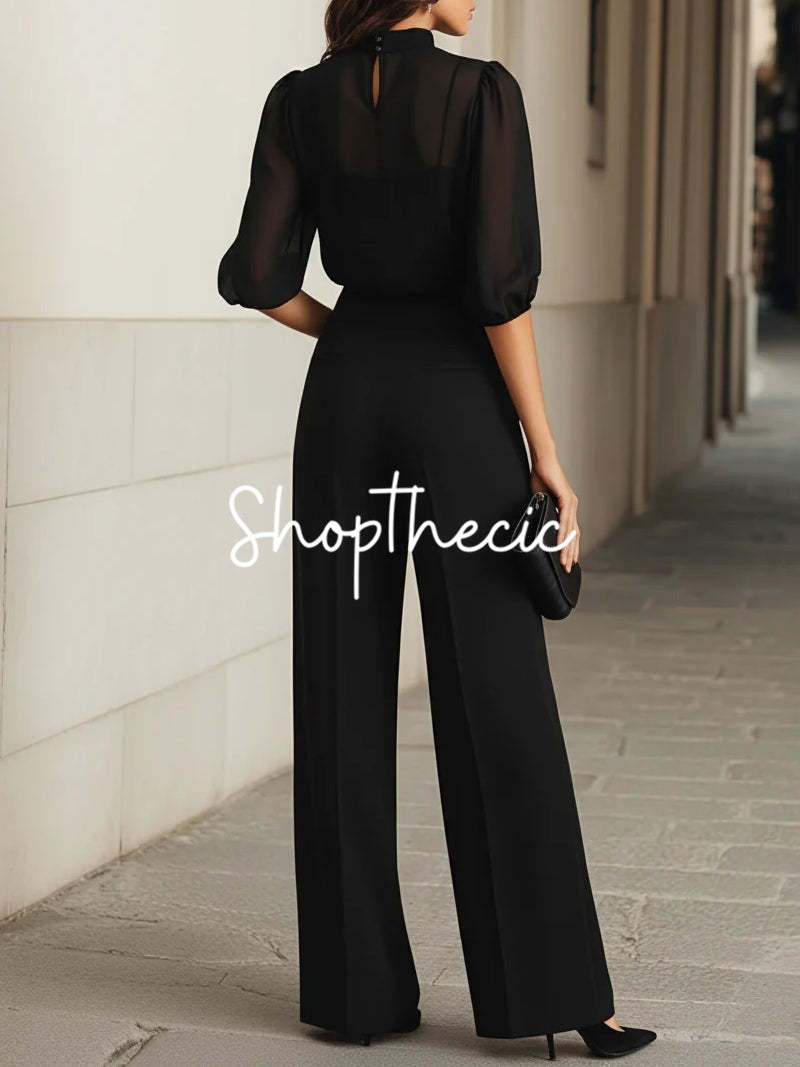 Black sheer mesh suspender wide-leg pants suit