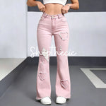 Heart-patterned ripped stretch flared jeans