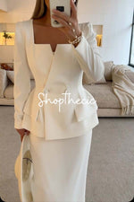 Square neckline fitted waist blazer and skirt two-piece set