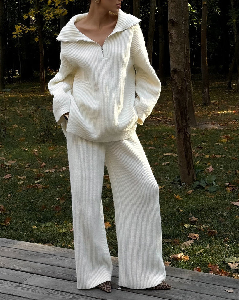 Ensemble haut en tricot à manches longues et demi-zippé Cozy Lapel et pantalon large