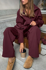 Vintage Burgundy Long-sleeved Lapel Trench Coat High-waist Slim-fit Trousers Set