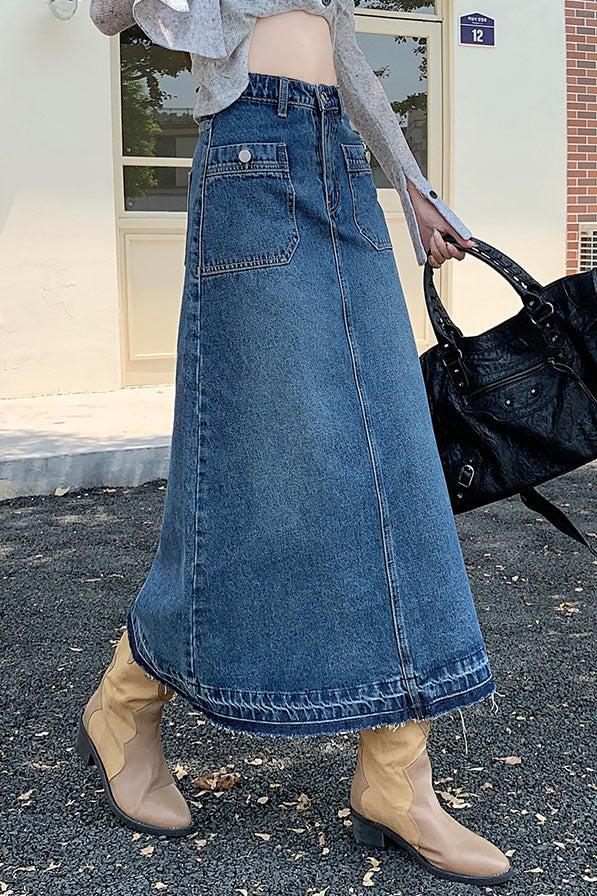 Jupe trapèze taille haute multipoches en denim lavé