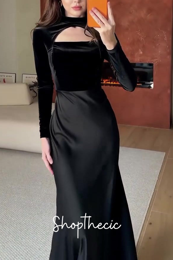 Draped in Moonlight Black long-sleeved fitted evening gown