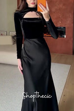 Draped in Moonlight Black long-sleeved fitted evening gown