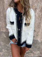 Black and white contrast long-sleeved pocket button knitted jacket