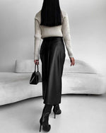 Vintage Front Slit and Lining Faux Leather Skirt