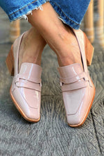 Square toe lacquered chunky mid-heel slip-on loafers
