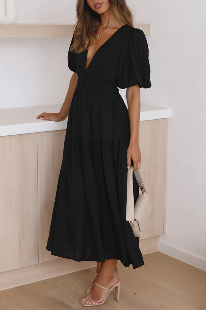 Vestido midi com manga lanterna e decote em V com cintura marcada
