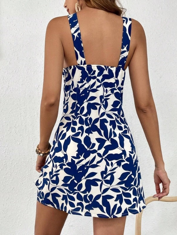 Robe salopette sans manches à imprimé feuilles et ourlet à volants