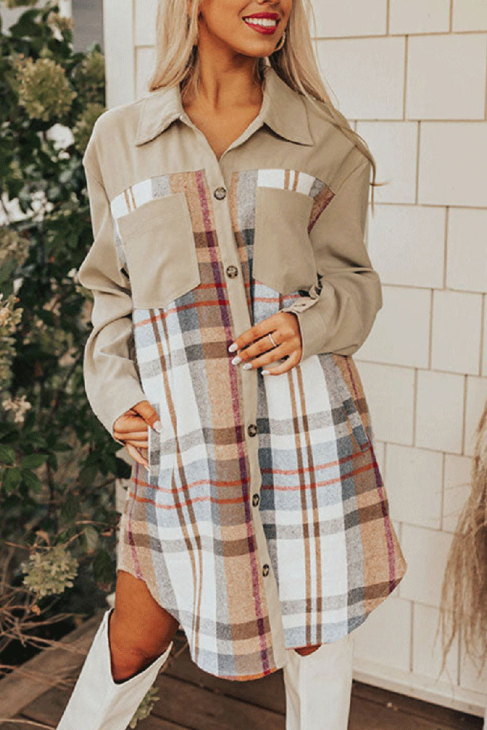 Einreihiges kariertes Patchwork-Hemdkleid