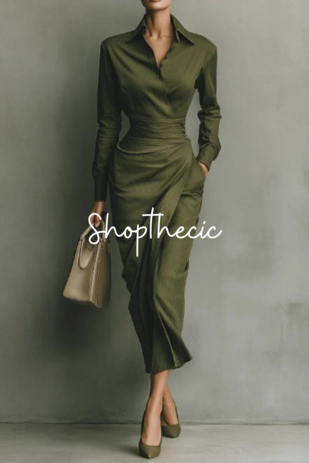 Chic military green fitted shirt maxi dress