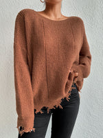 Solid color round neck ripped design loose knit sweater
