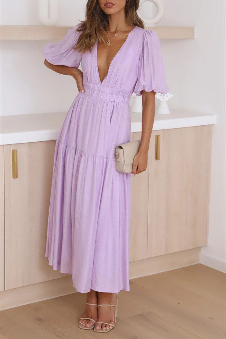 Vestido midi com manga lanterna e decote em V com cintura marcada