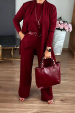 Solid color crew neck short-sleeved shirt, trousers and mid-length coat three-piece set