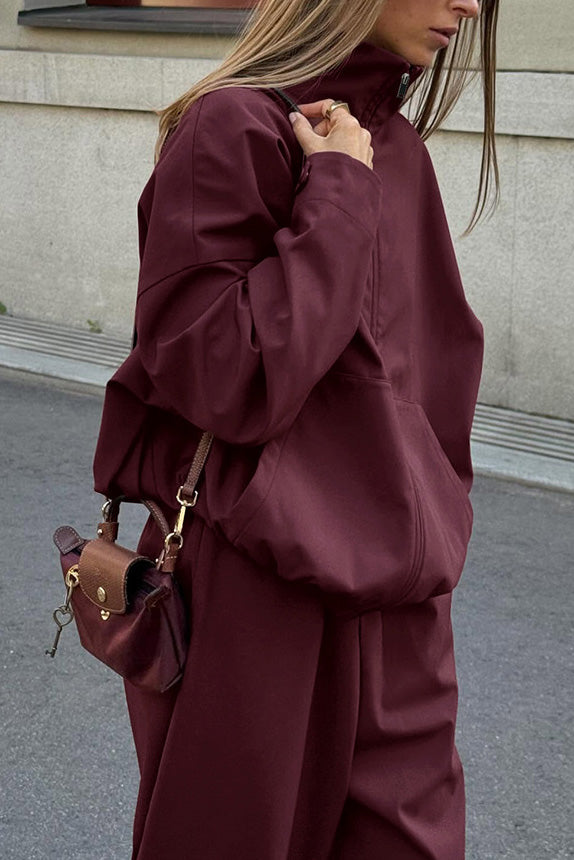 Vintage Burgundy Long-sleeved Lapel Trench Coat High-waist Slim-fit Trousers Set