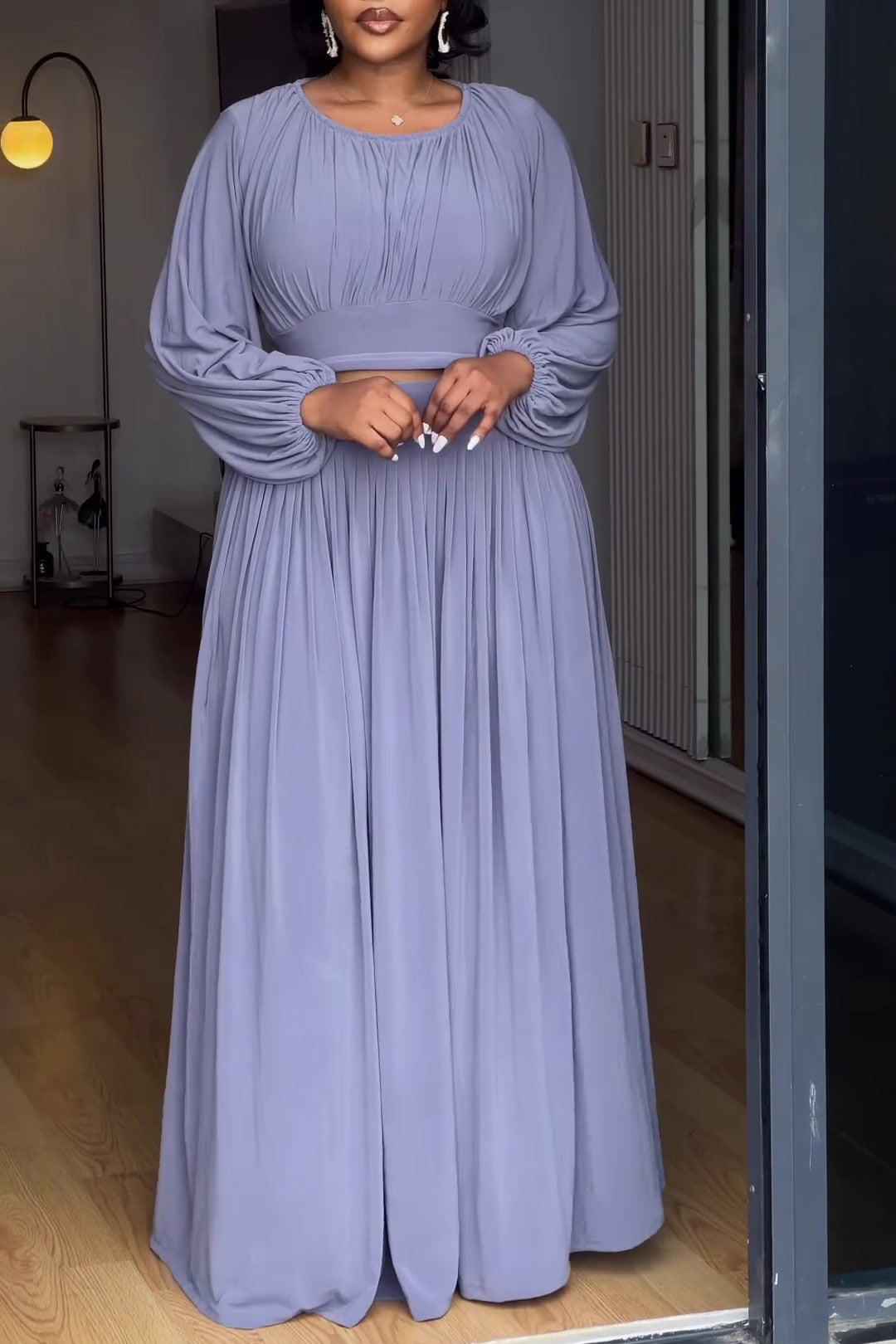 Round neck long-sleeved top elastic waist pleated skirt two-piece set