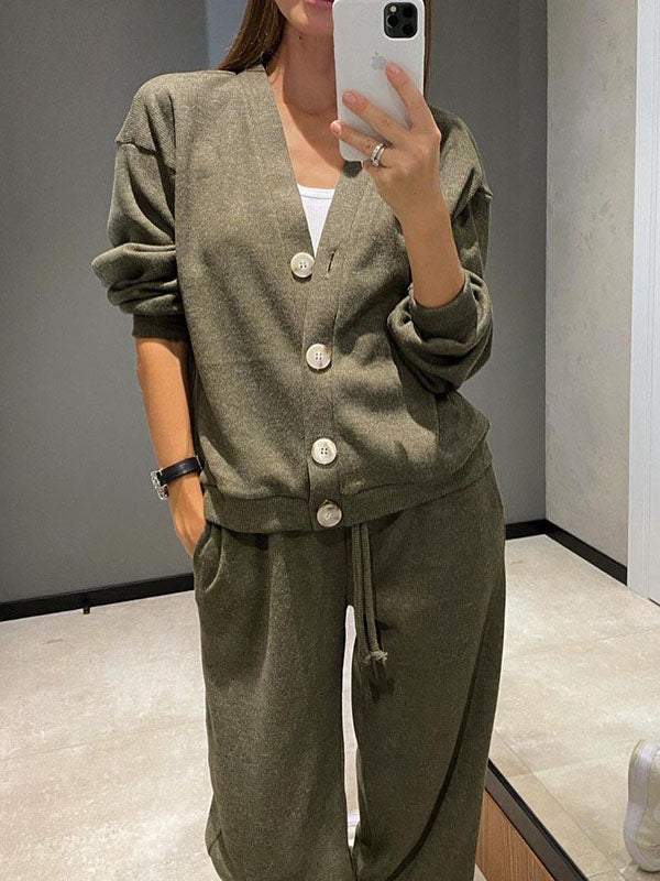 Ensemble deux pièces veste en tricot boutonnée à col en V et pantalon large